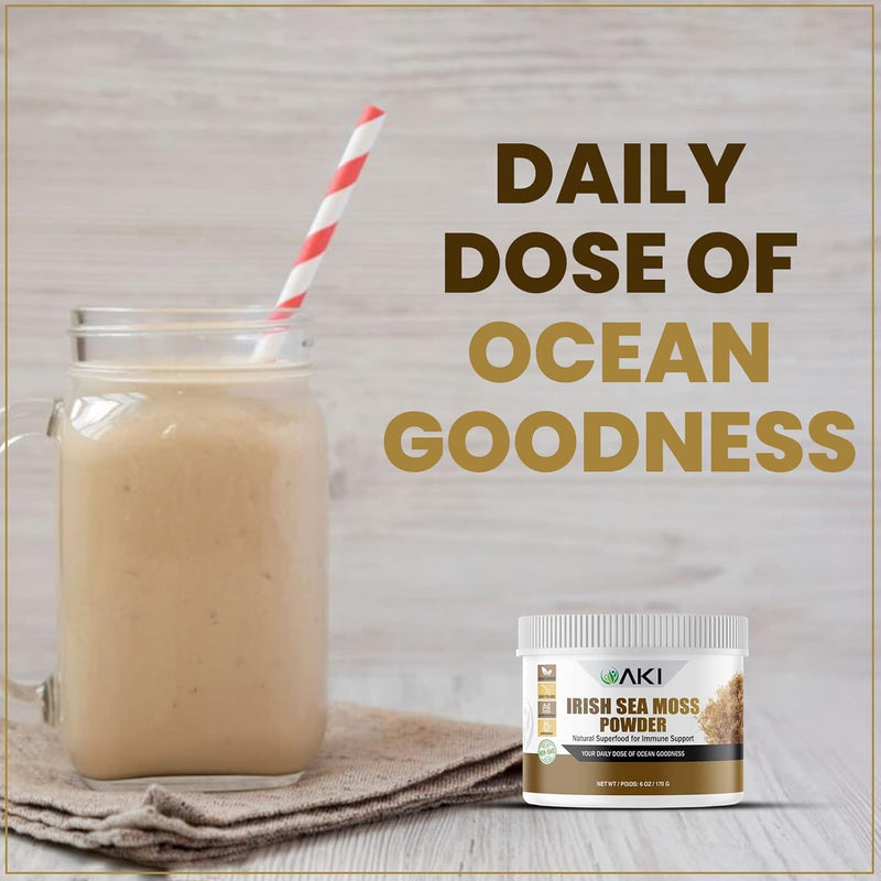 AKI Irish Sea Moss Powder - Rich in 92 Essential Minerals & Vitamins, Including Iodine, Potassium & Magnesium - Ideal for Smoothies & Juices - 100% Vegan, Non-GMO & Supports Wellness (6 Oz/170g)