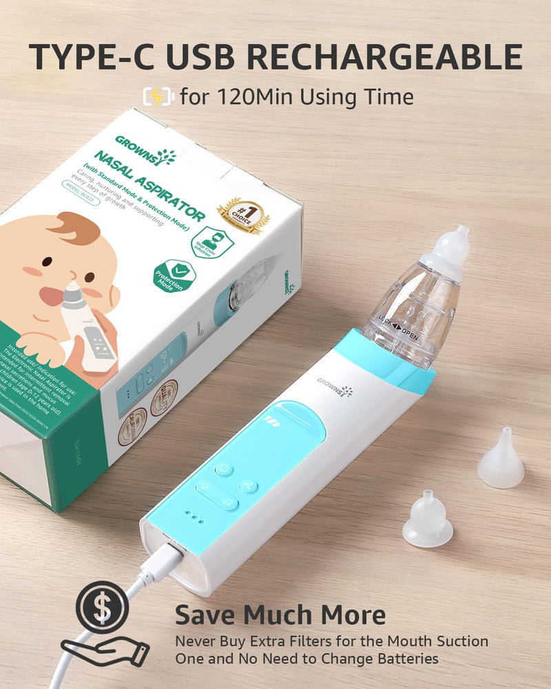 GROWNSY Nasal Aspirator for Baby with Protection Mode, Electric Nose Suction for Baby, Automatic Baby Nose Sucker with 3 Silicone Tips, Adjustable Suction Level, Music and Light Soothing Function Light Blue - BeesActive Australia