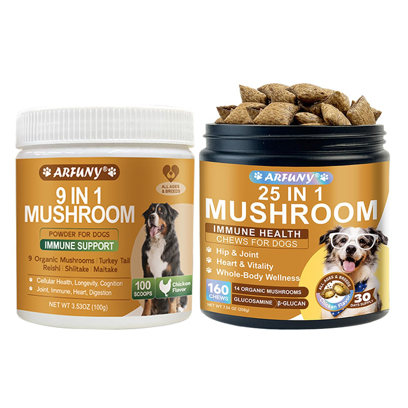 Dog Mushroom Powder & Dog Mushroom Chews - Hip & Joint, Skin & Coat, Digestive, Cellular, Immune Health Support