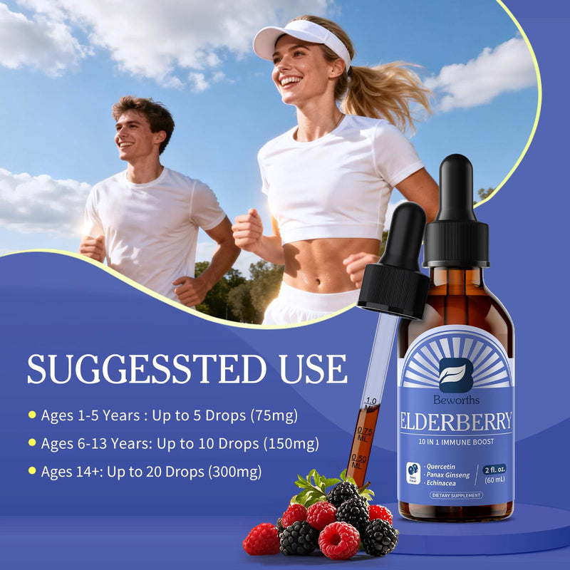 2 Pack Elderberry Syrup Black Elderberry Drops with Quercetin, Panax Ginseng, Vitamin C and Zinc, Sambucus Liquid, Vegan, Non-GMO & Gluten Free 2 Fl Oz (Pack of 2)