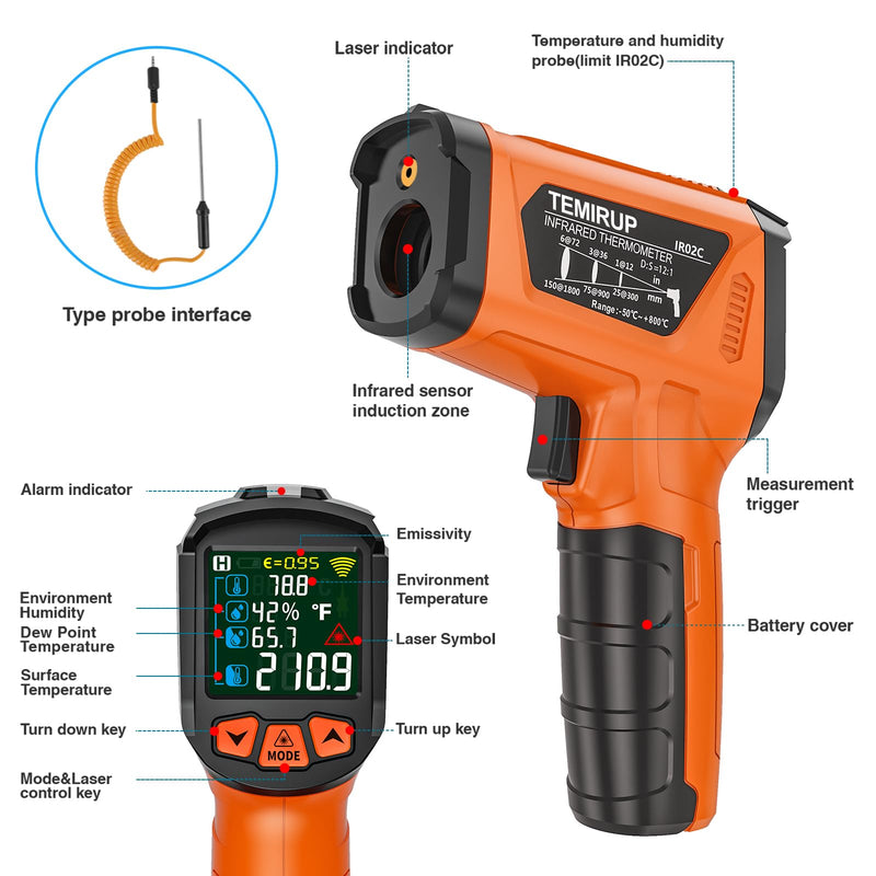 Infrared Thermometer Gun, Non Contact Digital Laser Thermometer Temperature Gun with Color LCD for Cooking, Home Repairs, Humidity Measurement, Adjustable Emissivity -58°F to 1472°F(-50~800°C) Orange -58℉~1472℉(-50℃~800℃)