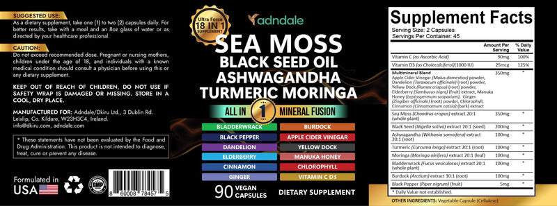 Adndale Sea Moss Capsules - Sea Moss Blend with Ashwagandha, Turmeric & Black Seed Oil - 90 Count 90 Count (Pack of 1)
