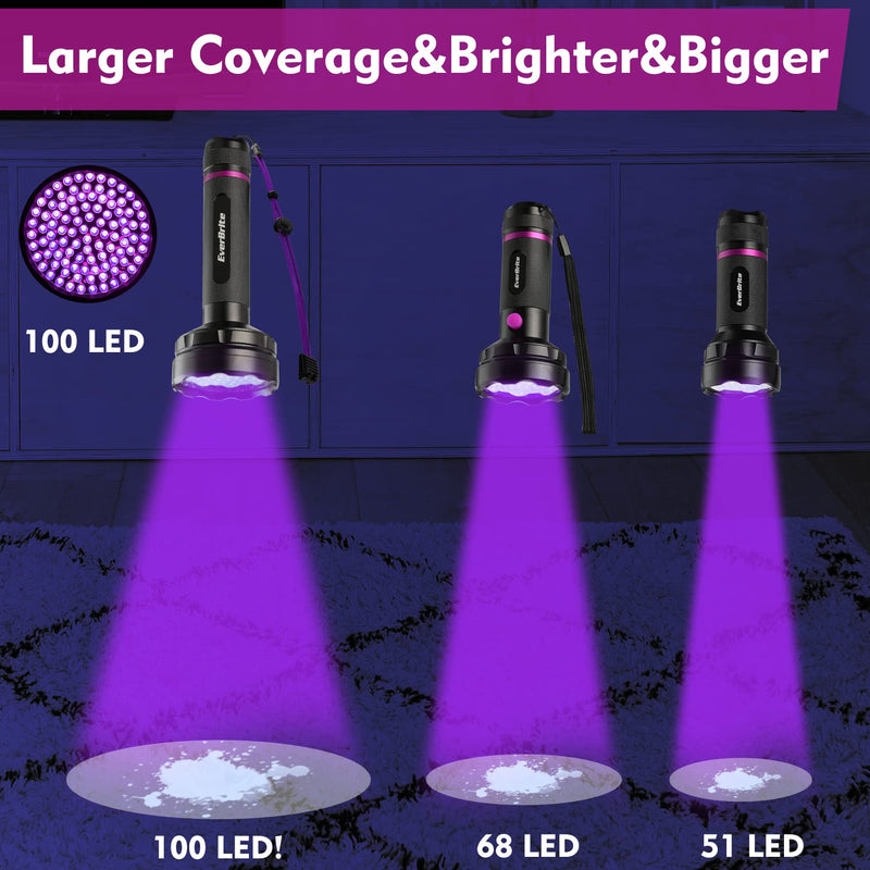 EverBrite UV Flashlight, 100 LED Blacklight Flashlights, 395nm Black Light Flashlight for Pet Urine Detection, Carpet, Scorpions and Bed Bug, Batteries Included