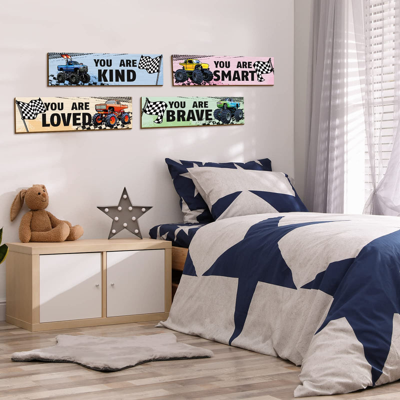 4 Pcs Truck Bedroom Wall Decor for Boys Construction Trucks Boys Room Decor Inspirational Racing Car Wooden Hanging Sign Motivational Quote Car Decoration for Kid Nursery Playroom Kindergarten - BeesActive Australia