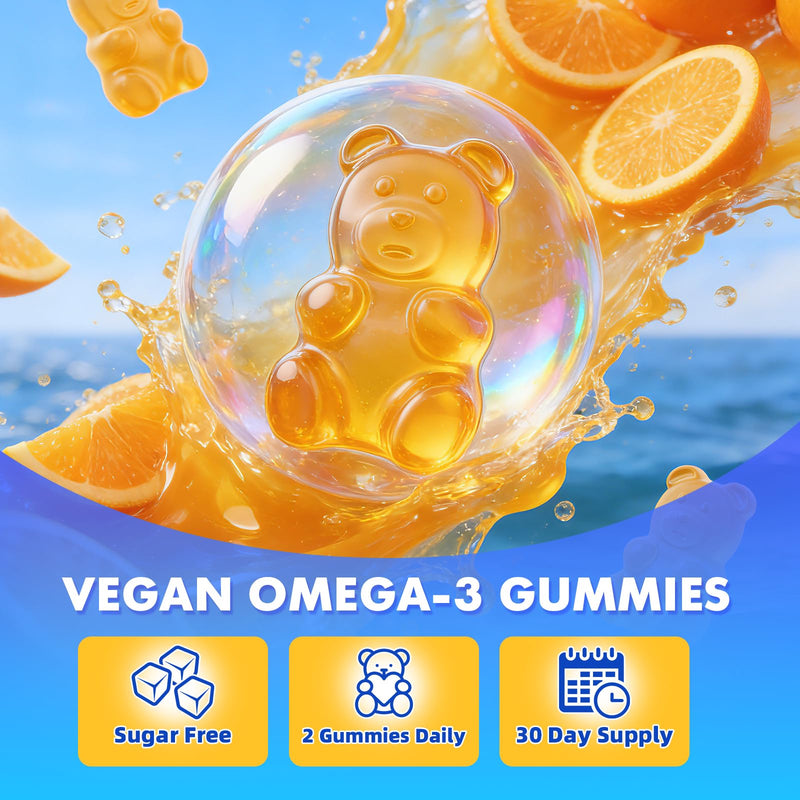 2 Pack Vegan Omega-3 Gummies - 1600mg with 600mg EPA & 400mg DHA. High Absorption Formula. Delicious Orange Flavor - 120 Gummies 2pack