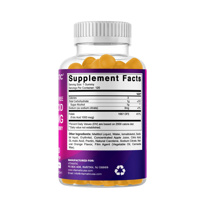 Vitamatic Sugar Free Folic Acid 1 mg Gummies 120 Count Orange Flavor-2 Pack | 1 mg Folic Acid, 1667 mcg DFE per gummy, Healthy cell growth, red blood cell formation, Gluten Free, Non GMO 60 Count (Pack of 2)