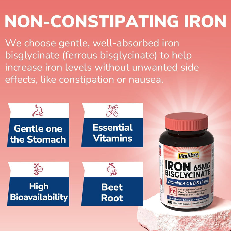 Vitalibre Iron Supplement for Women and Men, Iron Bisglycinate, 65mg Elemental Iron, Non-Constipating, with Vitamins C B6 B12 Folate & Beet Root, 60 Caps