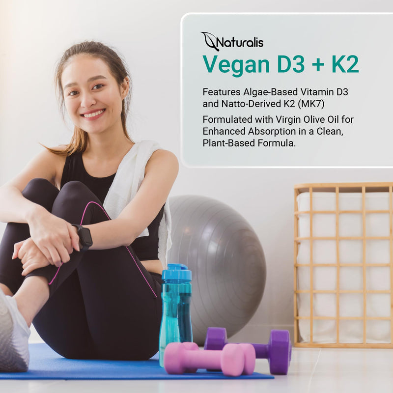 Naturalis Vegan Vitamin D3+K2 from Algae | 5000 IU D3 with 120mcg MK7 | Vegan Society Certified,Sustainably Sourced,Better Than Animal Derived | Better Support for Bone & Immune Health* | 60 Softgels 60 Count (Pack of 1)
