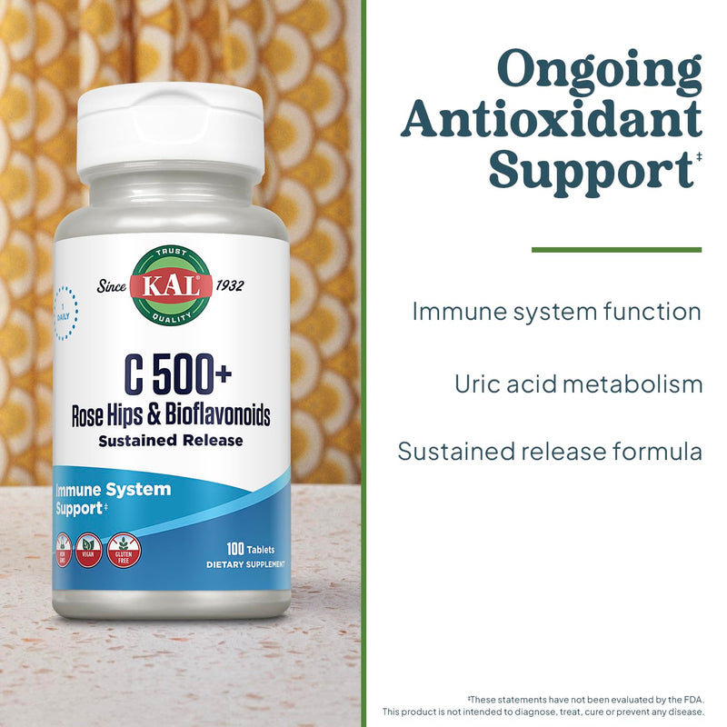 KAL C 500+ Sustained Release Tablets - Vitamin C Supplement with Rose Hips & Bioflavonoids for Adults, Immune Health Support for Women & Men, Vegan, Gluten Free - 100 Count