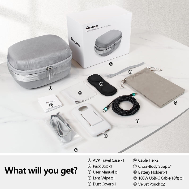 Hard Travel Case for Apple Vision Pro, Apple VR Vision Pro Accessories Bundle Set with Compact Carrying Case, Battery Holder, 100W Fast Charging Cable, and Various Accessory Practical Kit, Gray - BeesActive Australia