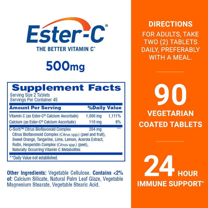 Ester-C 500 mg 24 Hour Vitamin C Tablets for Immune Support, Vitamin C Supplement, 90 Count 90 Count (Pack of 1)