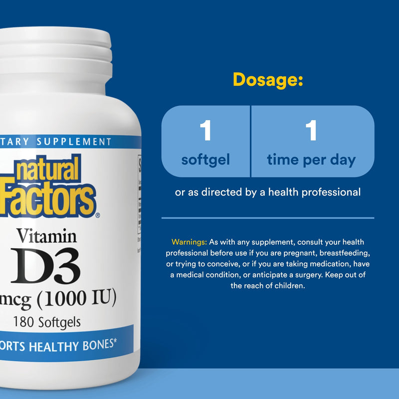 Natural Factors, Vitamin D3 1000 IU (25 mcg), Supports Strong Bones, Muscles and Immune Function, 180 Tablets 180 Count (Pack of 1)