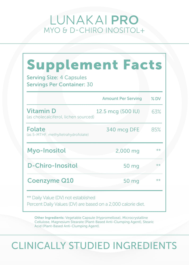 Lunakai Myo-Inositol D-Chiro Inositol for Women 40:1, 2000mg Supplement | USA Made | with CoQ10, Folate & Vitamin D3 - Daily Hormone Balance & Ovarian Support, 120ct