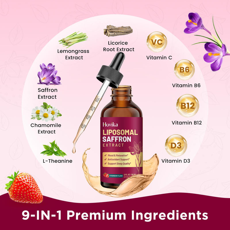 2 Pack Liposomal Saffron Supplements - 88.5mg Saffron Extract Liquid Drops with L-Theanine, Chamomile, Vitamin C, B6, B12 & D3 for Antioxidant, Immune, Mood, Energy, Focus & Sleep - Strawberry Flavor 2 Fl Oz (Pack of 2)