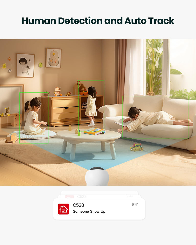 ZOSI indoor surveillance camera with dual lens 3MP+3MP, 2.4/5G WiFi, button/OK gesture call, AI person detection and tracking, color night vision, C528D white 3MP+3MP dual camera - BeesActive Australia