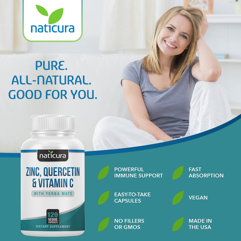 Naticura Zinc Quercetin Immune Support Supplement with Vitamin C 120 Caps | High Absorption Zinc Picolinate, Vitamin C and Zinc, CoQ10 Formula for Immune Support, Heart, Lung, Brain Health, Made in USA
