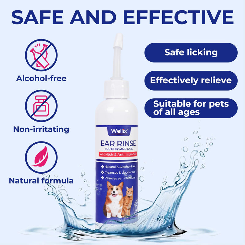 Wellix 120ml Ear Cleaner for Dog & Cat - Ear Infection Treatment without Irritation - Dog Ear Wash for Itch Relief & Soothing Inflammation - Ear Wax, Powder and Odor Removal Drops 120 ml