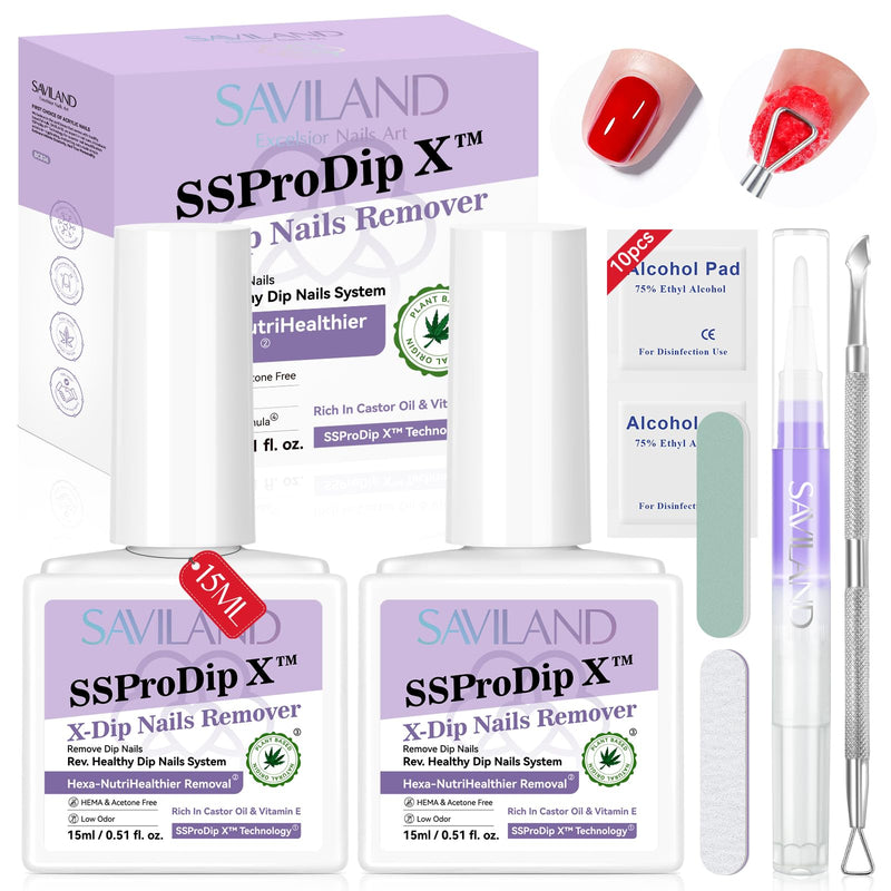SAVILAND Dip Powder Remover Kit 2Pcs: 15ml Gentle & Safe Dip Nail Remover With Cuticle Oil Nail File Tools No Soak or Wrapping Removal Easy Remove at Home Gift For Women 2Pcs × 15ml (Set 1)