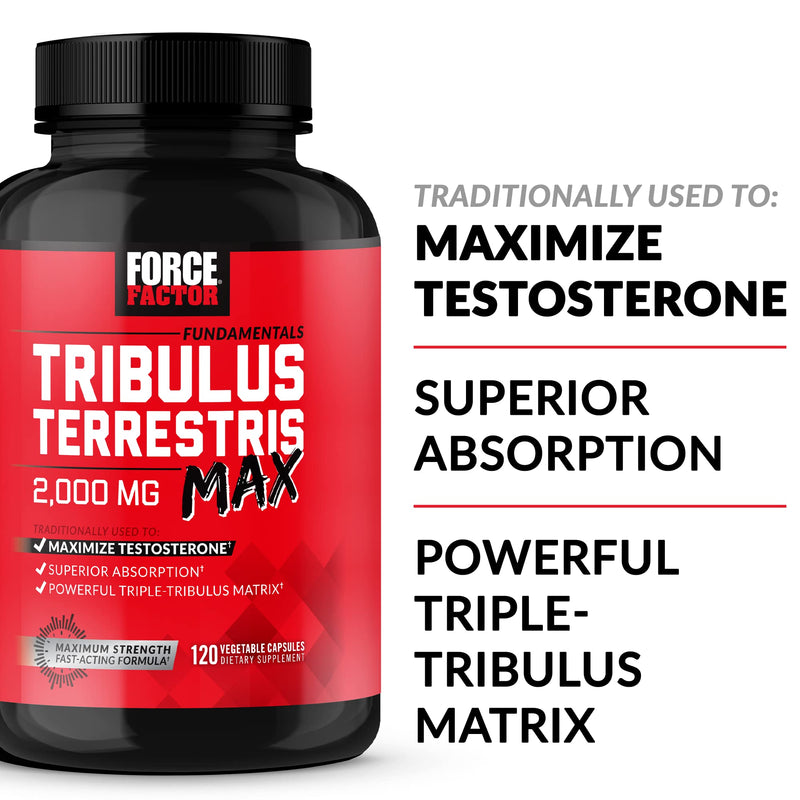 FORCE FACTOR Tribulus Terrestris Max for Men 2-Pack, Testosterone Booster, Male Vitality Supplement, Made with Key Natural Ingredients Superior Absorption, 2000mg, 240 Capsules, Red Unflavored 120 Count (Pack of 2) - BeesActive Australia