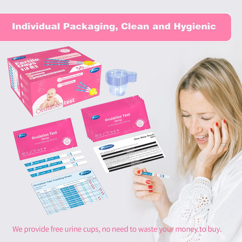 50 Count Ovulation Test Strips with Cups, Bulk Ovulation Test Strips for Women, Ovulation Predictor Kit, Accurate Fertility Tests for Home, Individually Wrapped 5mm LH 1 Count (Pack of 50) - BeesActive Australia