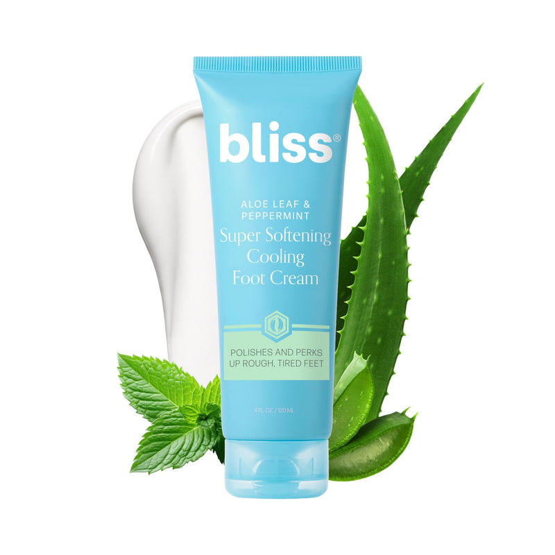 Bliss - Aloe Leaf & Peppermint Foot Cream | Super Softening AHA Exfoliating Cooling Cream | Exfoliator & Moisturizer | Vegan | Cruelty Free | Paraben Free | 4.0 fl. oz. 4 Fl Oz (Pack of 1)