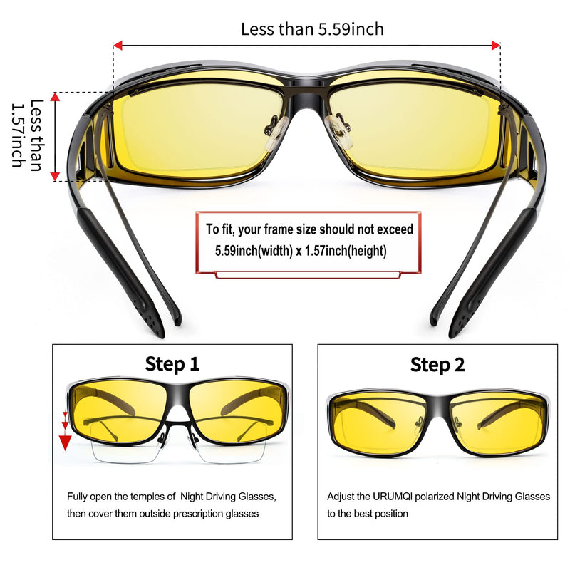 URUMQI Night Vision Driving Glasses Fit Over Glasses for Men Women, Anti Glare Polarized Nighttime Glasses HD Yellow Lens A08 Glossy Black Frame/Night Vision Lens - BeesActive Australia