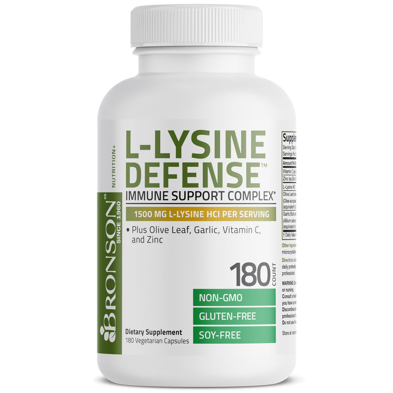 Bronson L-Lysine Defense Immune Support Complex, 1500 mg, 180 Capsules | Essential Amino Acid with Olive Leaf, Garlic, Vitamin C & Zinc, Vegetarian, Non-GMO, Gluten-Free & Soy-Free 180 Count (Pack of 1)