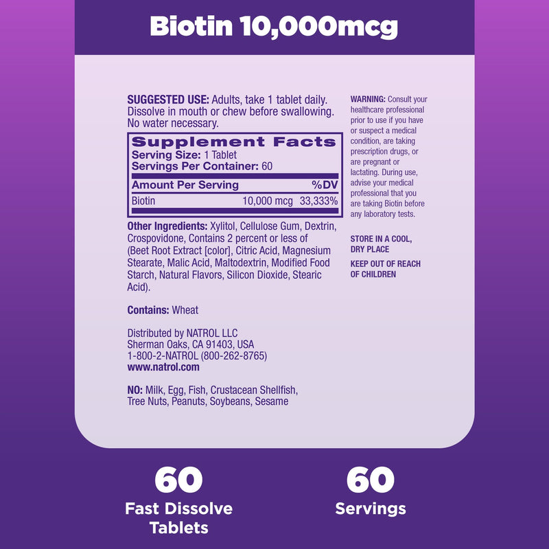 Natrol Biotin 10000mcg, 4X Faster Dissolve Supplement for Healthy Hair, Skin and Nails for Those Low in Biotin, Plus Energy Metabolism Support, 60 Tablets, Up to a 60 Day Supply Strawberry 60 Count (Pack of 1)