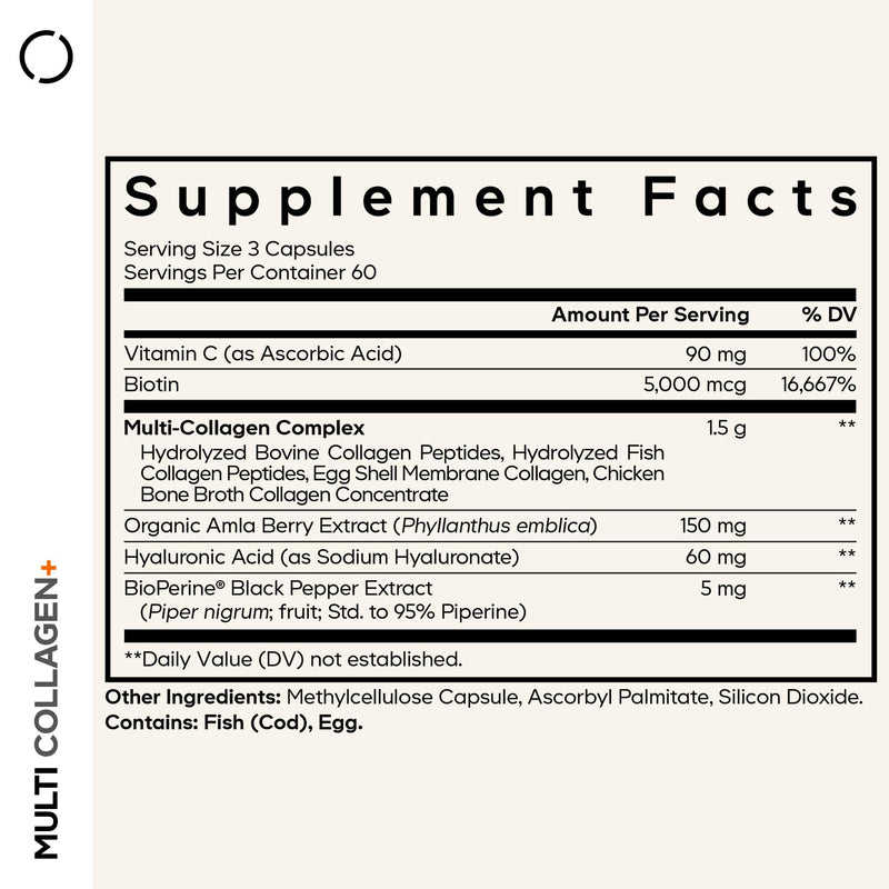 Codeage Multi Collagen+ Supplement, with Vitamin C, Biotin, 180 Capsules | Five collagen types, grass-fed. Biotin 5,000mcg, vitamin C, hyaluronic acid, amla berry, BioPerine. Non-GMO.