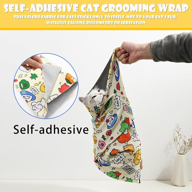Cat Wrap for Cutting Nails, Cat Restraint Wrap for Nail Clipping and Grooming, 21.6×21.6" Self-Adhesive Anti-Bite Cat Swaddle Burrito Wrap, Suitable for Cats Within 22lbs (Cartoon Rabbit) Cartoon rabbit - BeesActive Australia