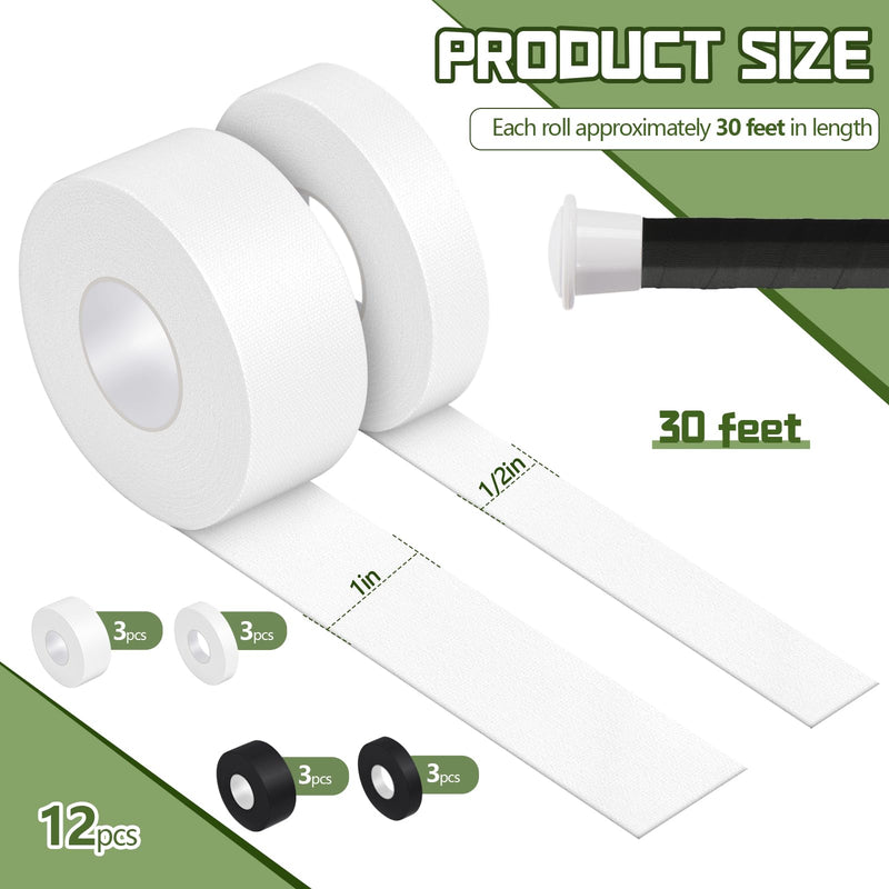 30 ft Lacrosse Stick Tape 1 Inch 1/2 Inch Non-precut Cotton Sweat Absorbent Bat Grip Tape for Lacrosse Baseball Bats Black, White 12 - BeesActive Australia