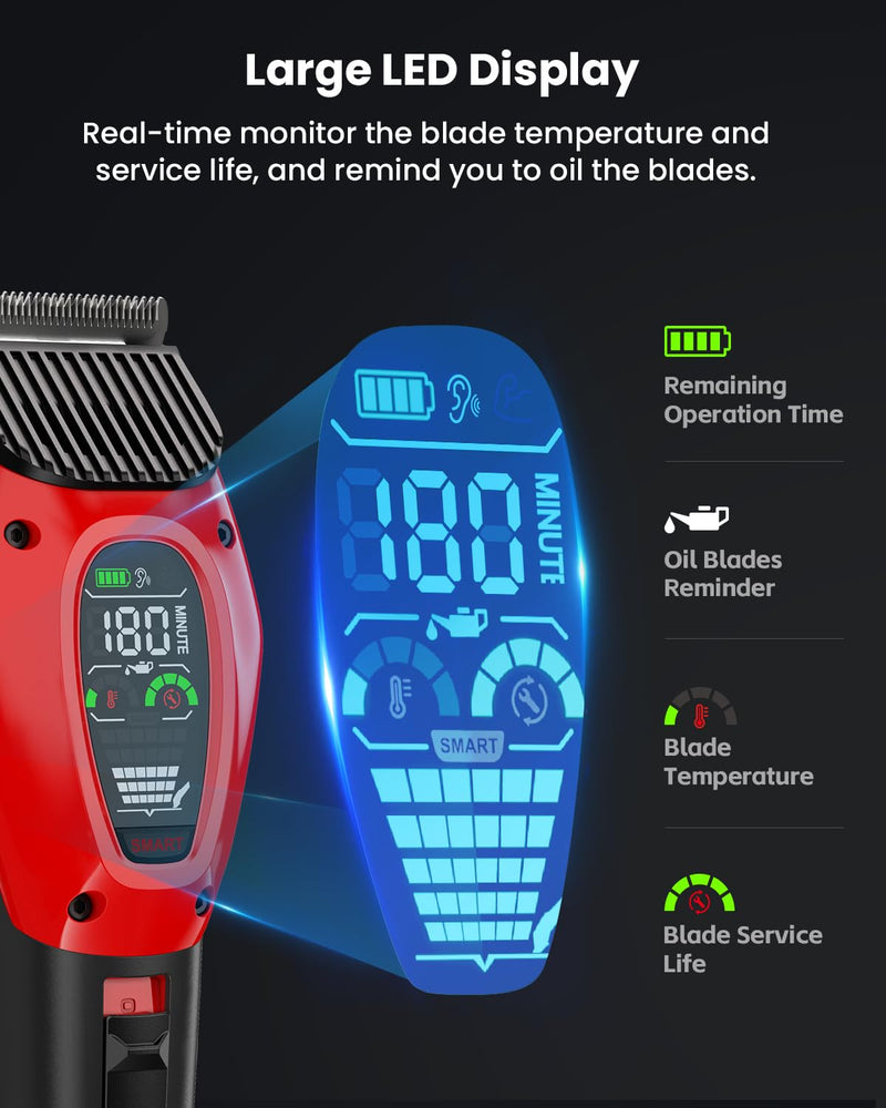 DOG CARE Smart Dog Clippers, Cordless Grooming Clipper Kit with Heatproof Blades, LED Display, 3 Speeds, Auxiliary Light, Rechargeable Heavy-Duty Professional Pet Hair Trimmer Shaver for Dog Cat Red - BeesActive Australia