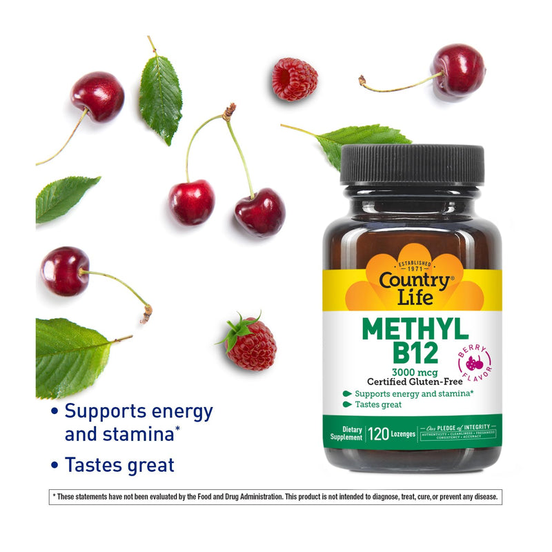 Country Life Methyl B12, 3000 mcg Lozenges, Supports Energy & Stamina, Metabolism & Red Blood Cell Production, Berry Flavor, 120 Vegan Lozenges, Certified Gluten Free & Halal