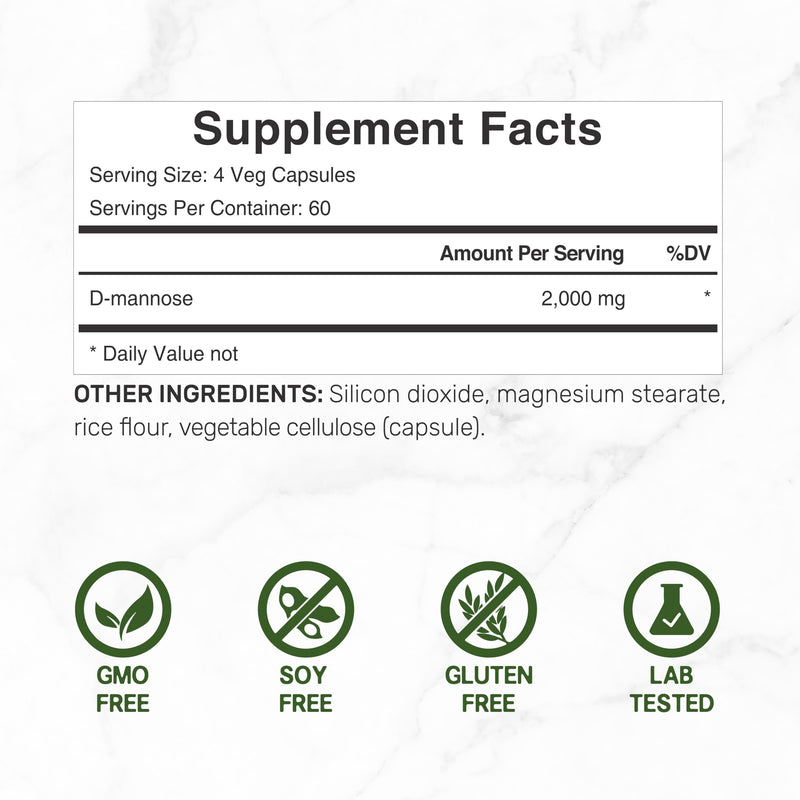 DEAL SUPPLEMENT D Mannose 500mg Capsules (2,000mg Per Serving), 240 Veggie Pills – Fast Acting Water-Soluble Form – Extra Strength Urinary Tract (UTI) Health Support – Non-GMO, Vegan Friendly