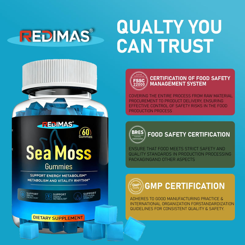 Sea Moss Gummies with Ashwagandha Root – Blueberry Flavor, 60 Count | Irish Seamoss Gummies Daily Wellness, Plant-Based Vegan Chewable Nutritional Supplement, Easy To Take