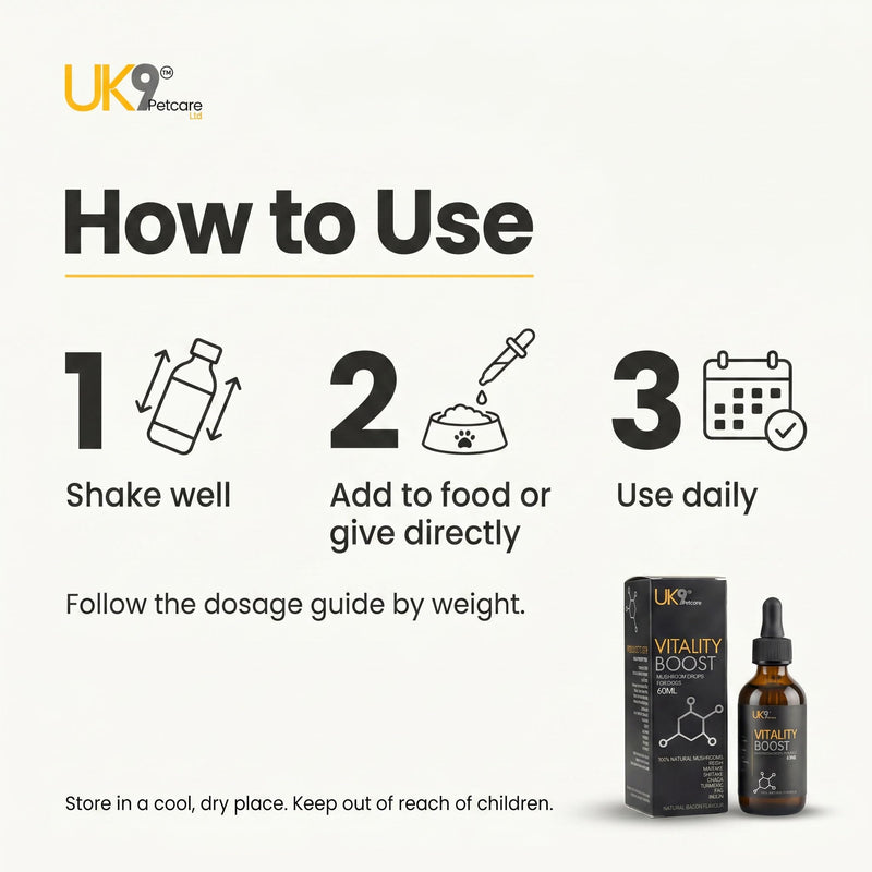 UK9 Vitality Boost, Immune Support Vitamins for Dogs, Wild Mushroom for dogs, with Chaga, Turkey Tail, Shiitake, Reishi and Maitake Mushroom Extract, Beta Glucan 60ml easy dosage liquid k9 drops.