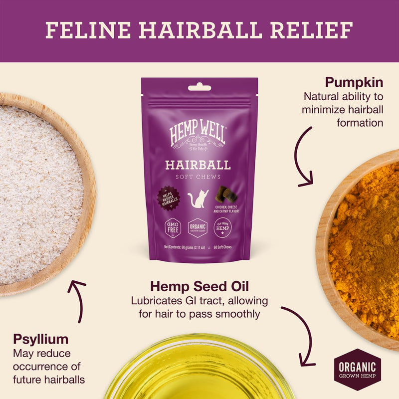 Hemp Well Cat Hairball Soft Chews for Cats, Hairball Control & Digestive Support, Organic Hemp Seed Powder, Pumpkin Seed & Psyllium Fiber, Skin & Coat Support, Chicken Cheese & Catnip Flavor, 120 Ct 120 Soft Chews