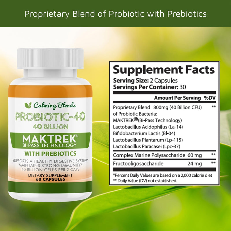 CALMING BLENDS Probiotic, 40 Billion CFU, Bi-Pass Delivery System for Maximum Effectiveness, Shelf Stable, 60 Vegetable Capsules