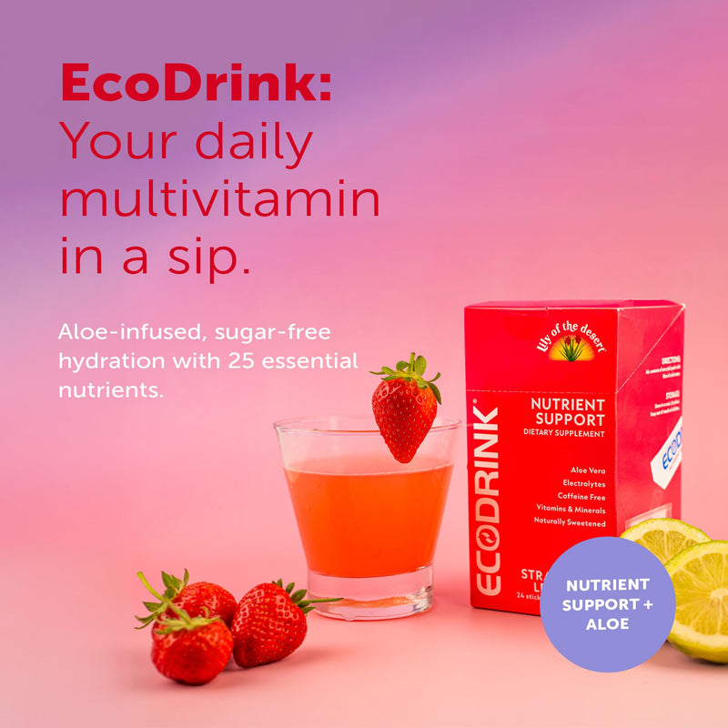 Lily of the Desert EcoDrink Nutrient Support Hydration Packets, Peach Mango – Naturally Sweetened Multivitamin Electrolyte Mix with Aloe, 24 Stick Packs/Box, 0.25 Oz Ea 24 Count (6 Ounce)