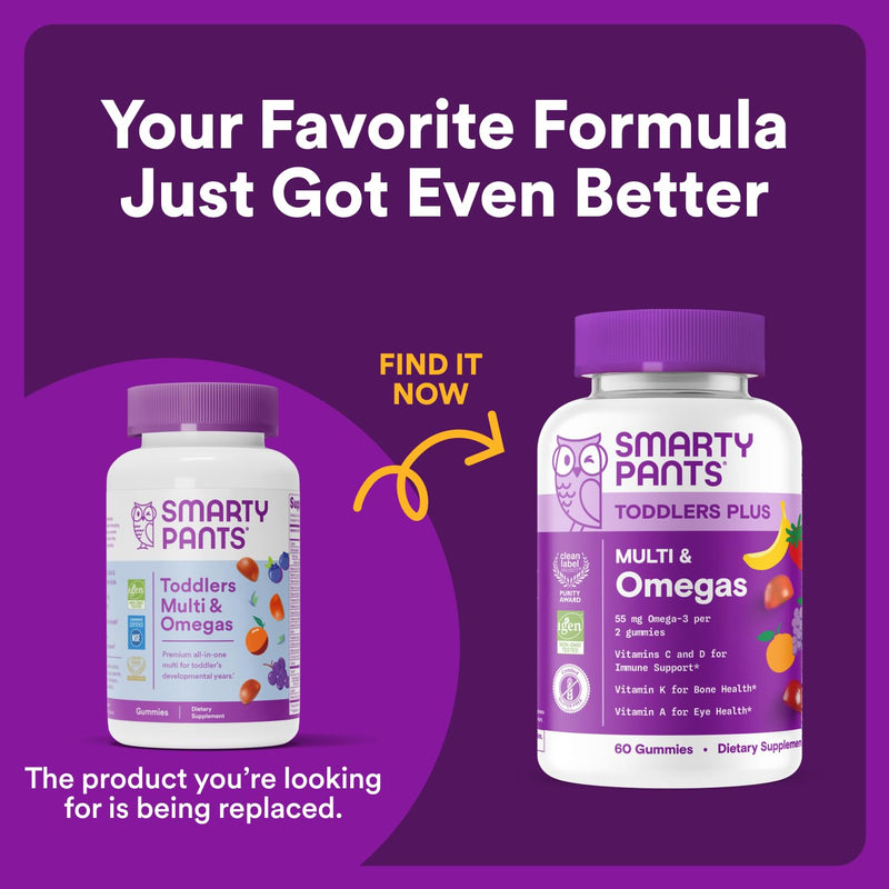 SmartyPants Toddler Multivitamin Gummies: Omega 3 Fish Oil(EPA/DHA), Vitamin D3, C, B12, B6, A, K & Zinc, Biotin, Beta Carotene, Gluten Free, 3 Fruit Flavors, 180 Count (60 Day Supply) (Pack of 2) 180 Count (Pack of 2) Discontinued - 60 Day Supply