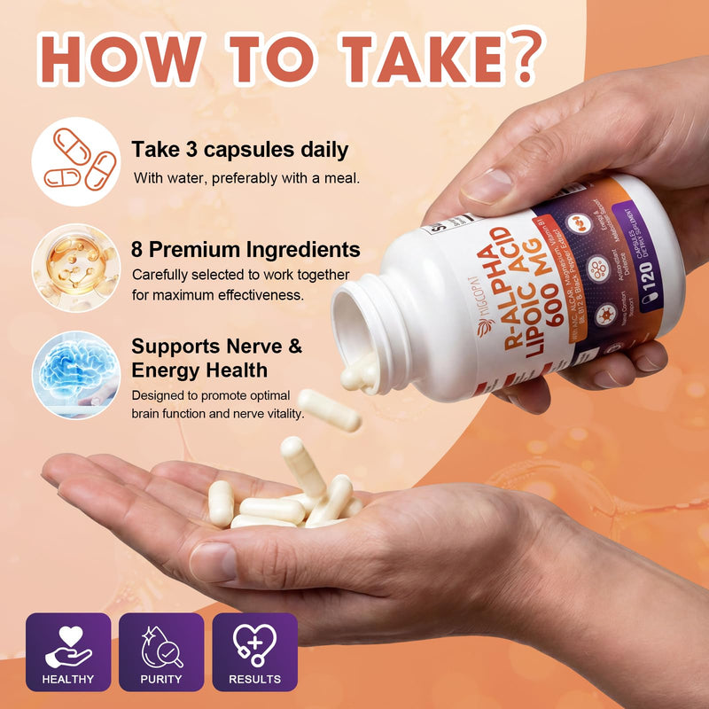 Migcopat R Alpha Lipoic Acid 600mg Neuropathy Supplement 120 Caps | ALCAR, NAC, Magnesium & Active B-Vitamins | Antioxidant for Energy & Nervous System, Non-GMO, Vegan