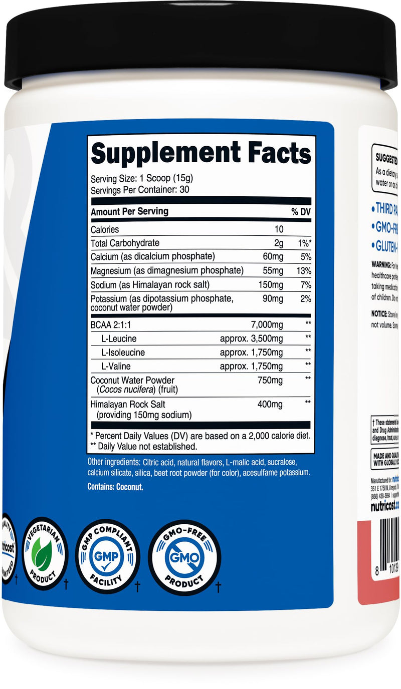 Nutricost BCAA + Hydration Powder (Raspberry Lemonade) 30 Servings | Branched Chain Amino Acids with Hydration Complex, Gluten-Free, GMO-Free Raspberry Lemonade 15.4 Ounce (Pack of 1)