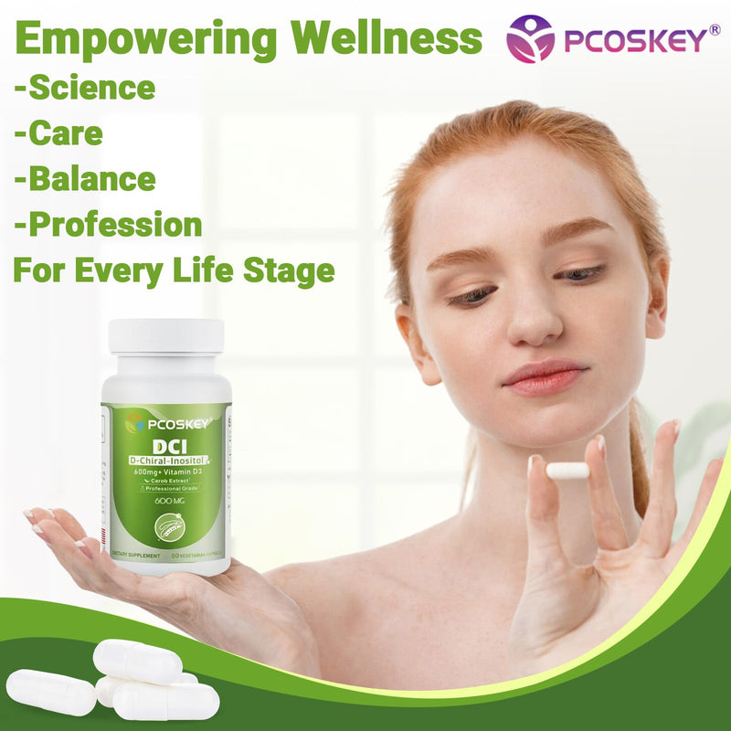 pcoskey® D-Chiral-Inositol with Vitamin D3 – 600mg DCI + 400 IU Vitamin D3 – Hormonal Balance & Metabolic Support – 60 Vegetarian Capsules