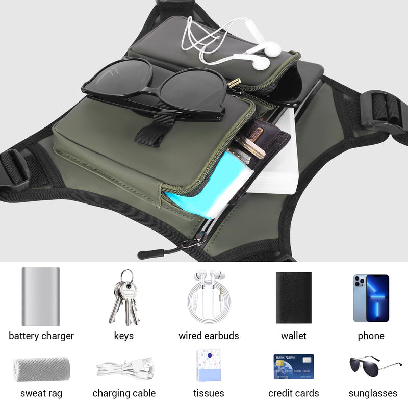 Chest Bag for Men, Waterproof Running Pack with Water Bottle & Phone Holder, Lightweight & Adjustable EDC Bag for Workouts, Running, Fishing, Cycling (Olive) Olive