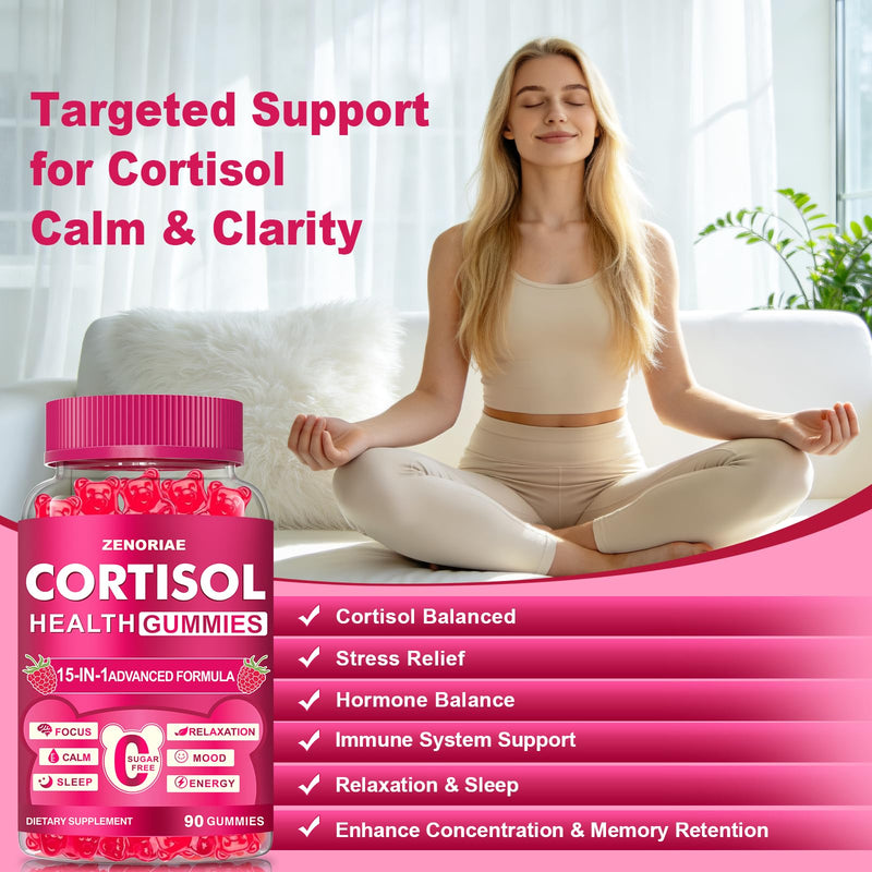 Cortisol Supplements for Women & Men, Sugar Free, 15-in-1 Cortisol Gummies, with Magnesium, Ashwagandha, L-Theanine & Rhodiola, Stress, Mood & Focus Support, Vegan, Cortisol Reducer, 90 Count 90 Count (Pack of 1)