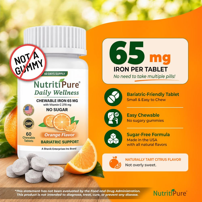 Chewable Iron 65 mg with Vitamin C, Sugar-Free – NutritiPure, 2-Pack 120ct | Bariatric-Friendly, 65mg Ferronyl Carbonyl Iron, 270mg Vitamin C, Orange Flavor, Non-GMO, GMP Certified, 120-Day Supply