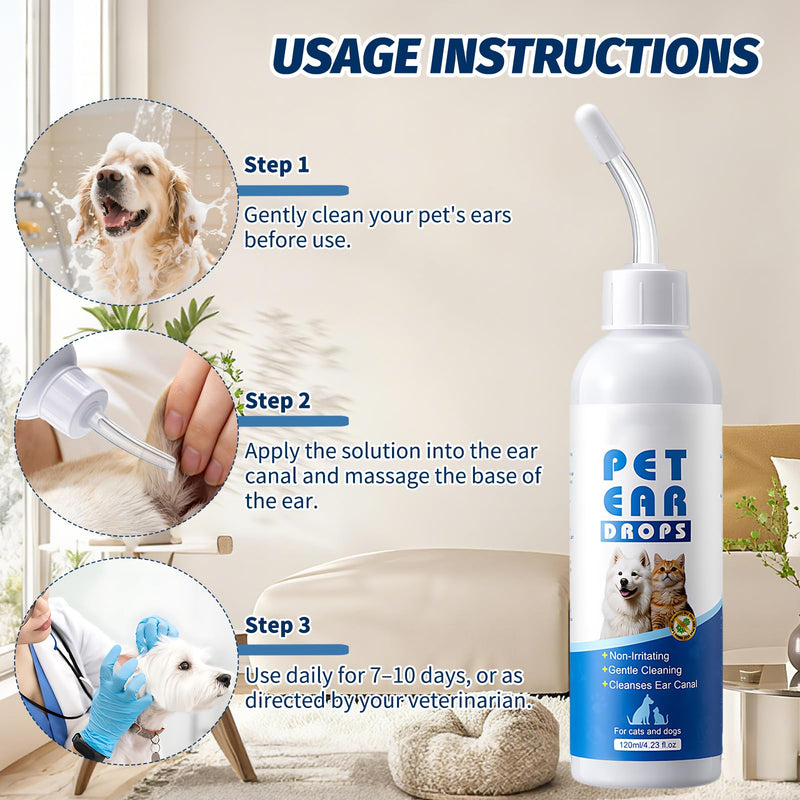 120ml Dog Ear Cleaner Drops,Ear Drops for Dogs and Cats,Soothe Pet Discomfort,Gentle Remove Wax,Stains and Dirt,Odour Control