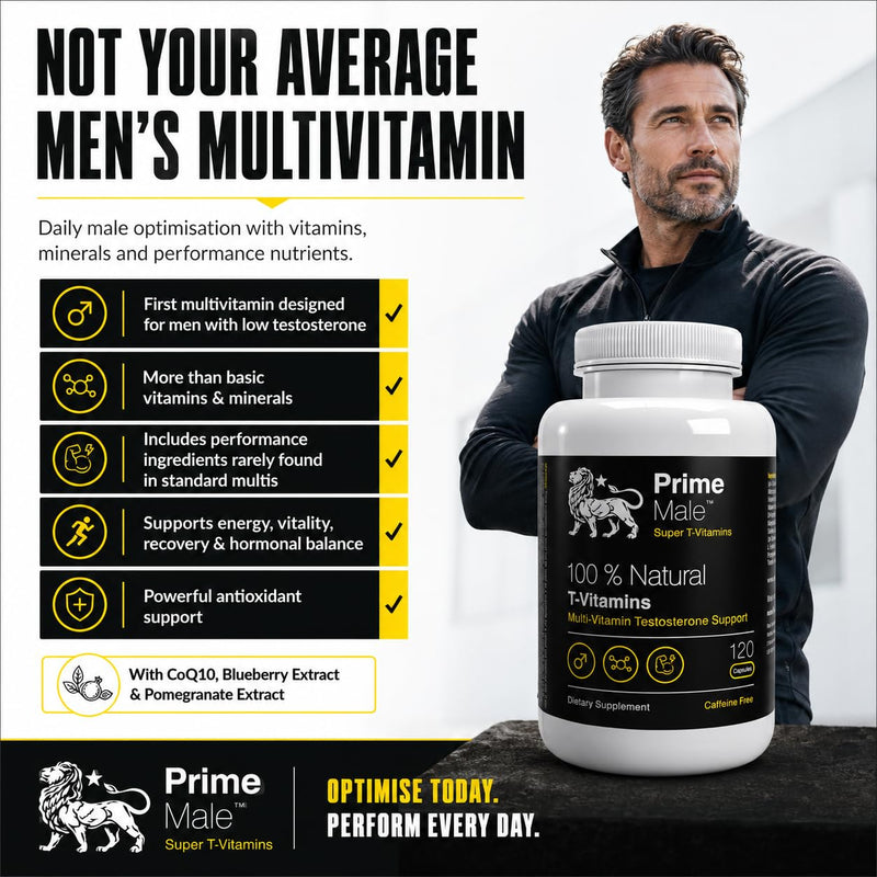 T-Vitamins – Advanced Multivitamin for Men – Supports Testosterone, Energy & Immune Health – 120 Capsules – Caffeine-Free