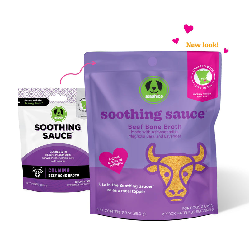 Soothing Sauce Beef Bone Broth Calming Powder Supplement for Dogs & Cats, All Natural Anxiety Relief, Made in The USA, 3 oz Calming Beef - PawsPlanet Australia
