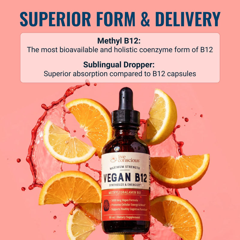 Live Conscious Vegan Vitamin B12 Sublingual Liquid Drops | Methylcobalamin Max Strength B12 5000mcg Formula | Vegan B 12 Vitamin Support Energy | Promote Memory & Aid Immune System | 60 Serving 2 Fl Oz (Pack of 1)